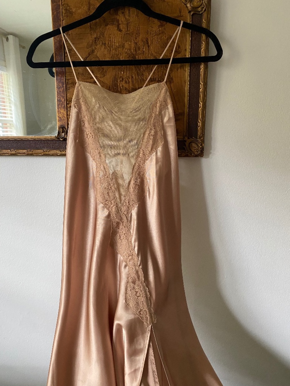 Vintage 1990s Champagne Satin Lace Nightgown Maxi Slip Boho Romantic Medium